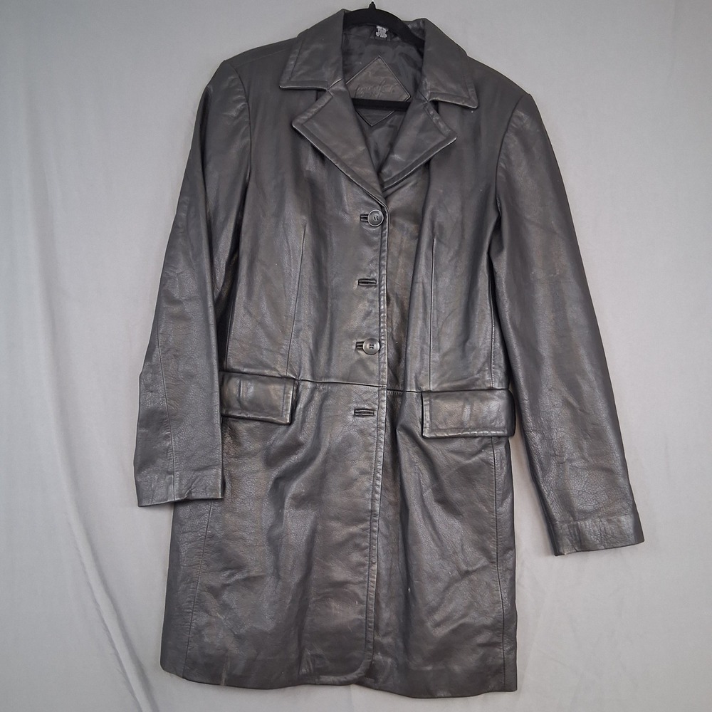 Jacqueline Ferrar Womens Large Tall Black Leather Coat Button Front Classic Styl